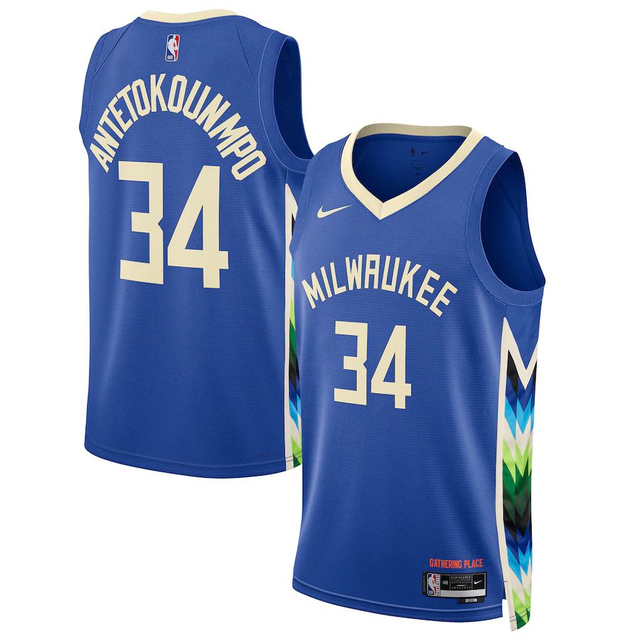 Men Milwaukee Bucks 34 Giannis Antetokounmpo Nike Royal City Edition 2022 #23 Swingman NBA Jersey